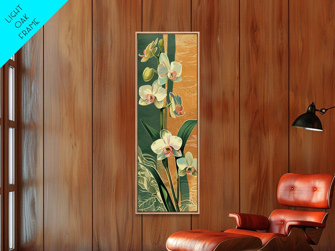 Delicate White Orchid Blossoms Teal Gold Japanese Vertical Print - Image 2