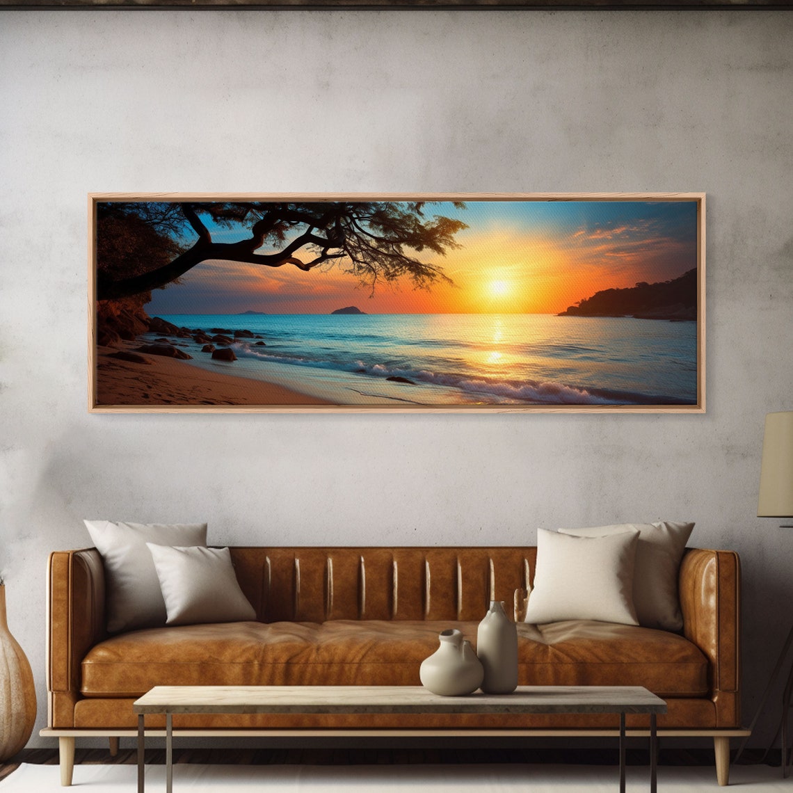 Ocean Beach Sunset Golden Waves Overhanging Tree Branch Poster