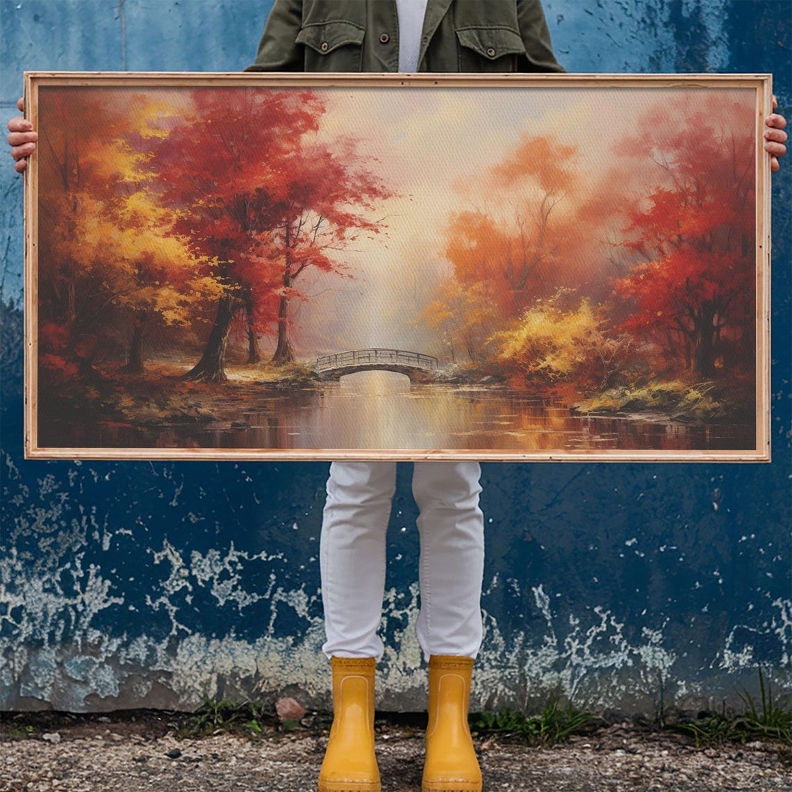 Autumn Park Bridge Over Calm Water Red Foliage Misty Fall Art Poster - Image 6