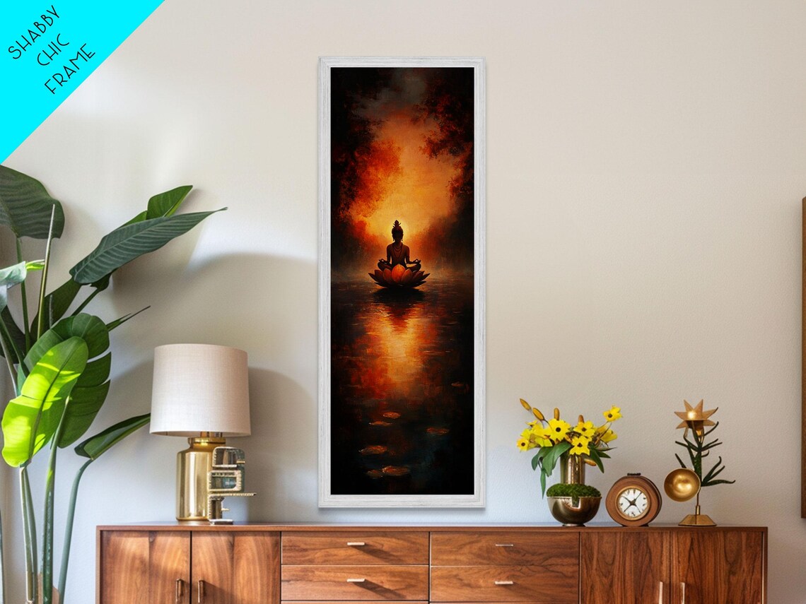 Meditating Figure Lotus Pond Fiery Sunset Spiritual Yoga Wall Art