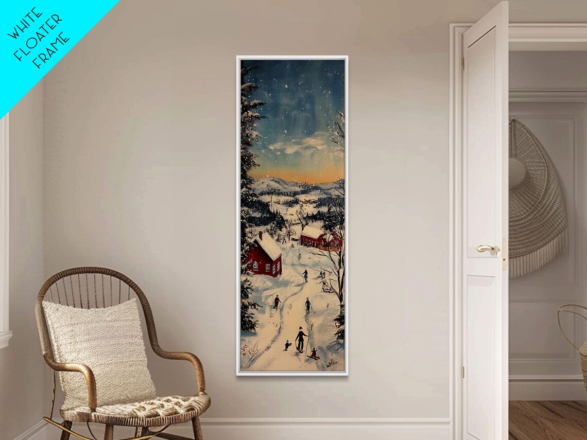 Snowy Village Night Red Barn Skaters Starry Sky Christmas Poster - Image 4