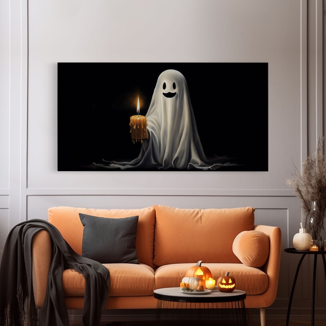 Smiling Ghost Holding Melting Candle On Black Background Poster - Image 6