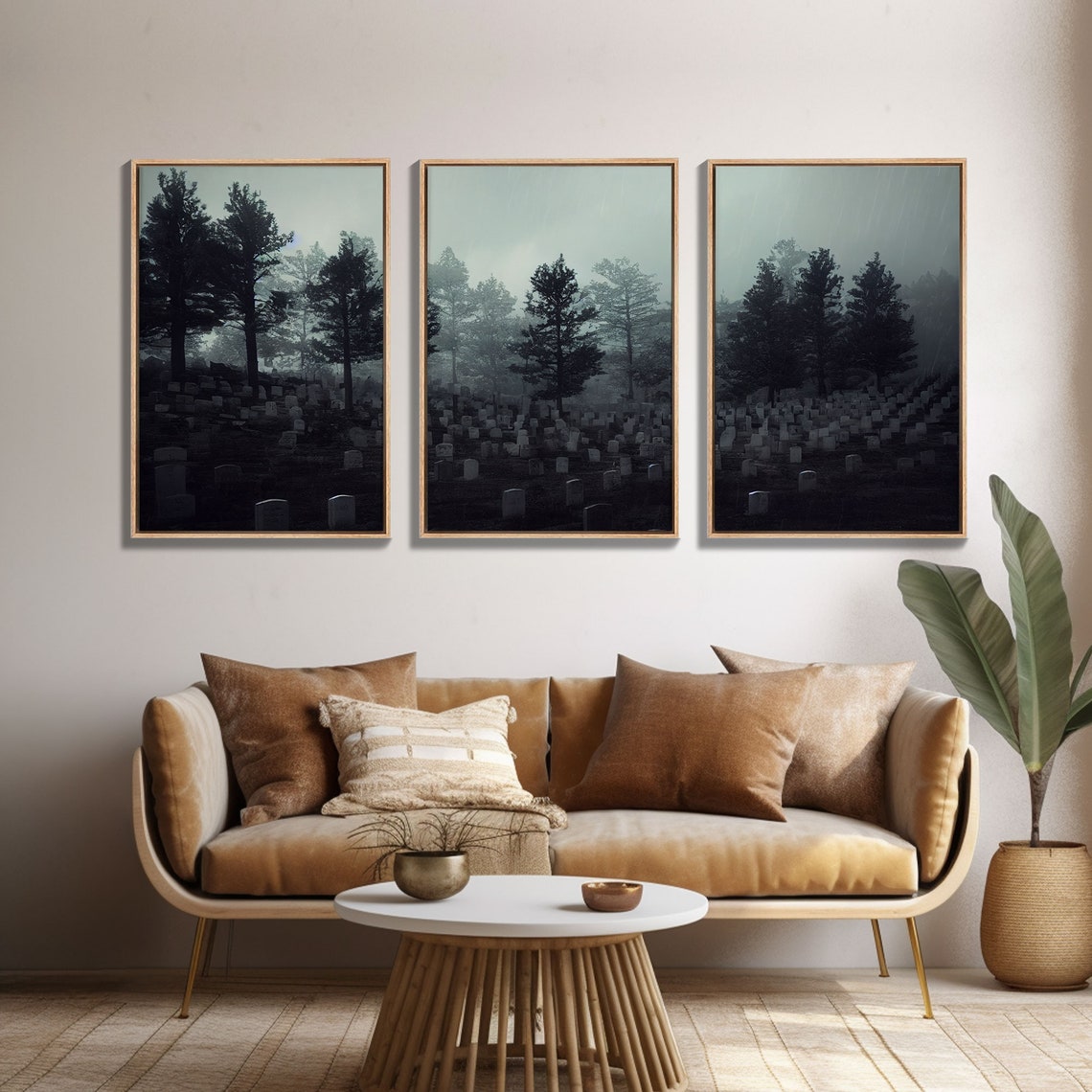Spooky Foggy Graveyard With Dark Pines Three Piece Haunting Print - Image 4