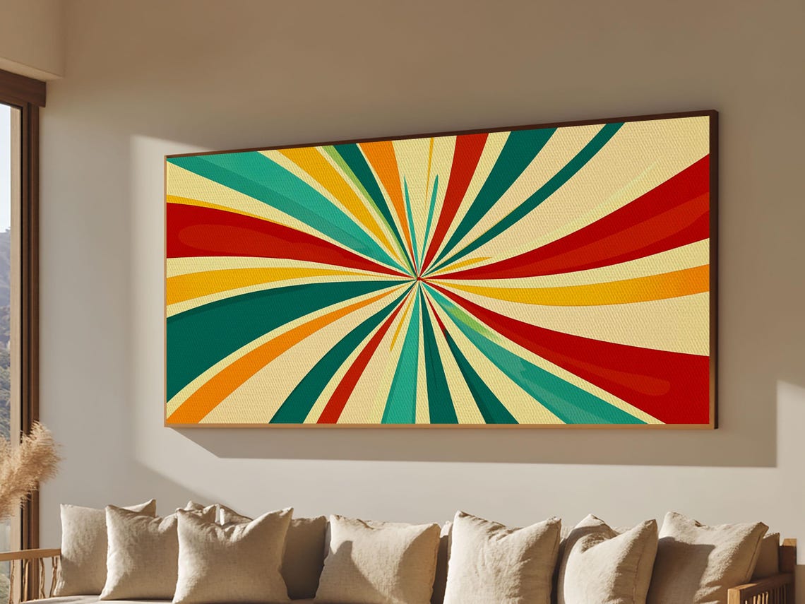 Retro Psychedelic Starburst Sun Rays Teal Red Yellow Atomic Print - Image 4