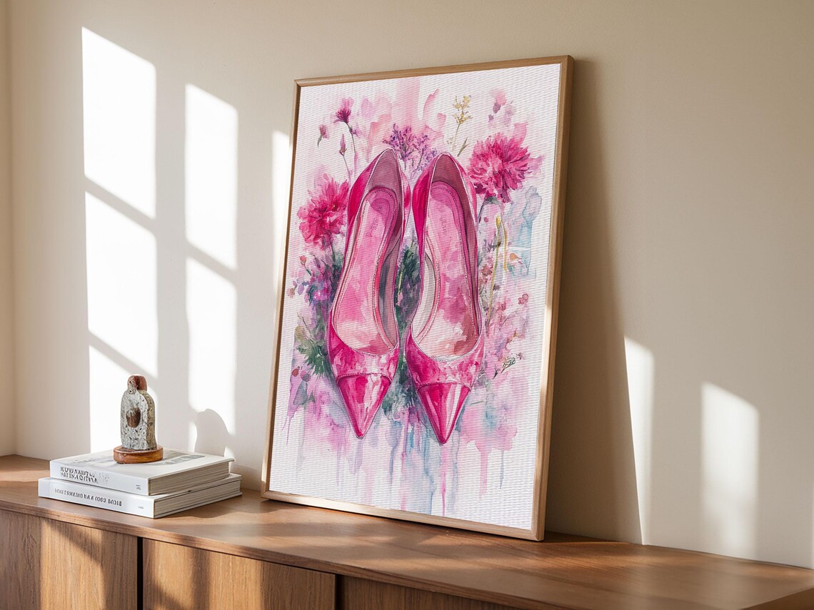 Pink High Heels Floral Watercolor Feminine Fashion Art Print - Image 6