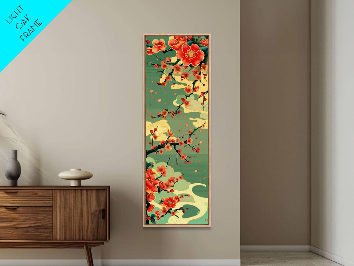 Red Plum Blossoms Turquoise Sky Japanese Ukiyo-E Vertical Print - Image 4