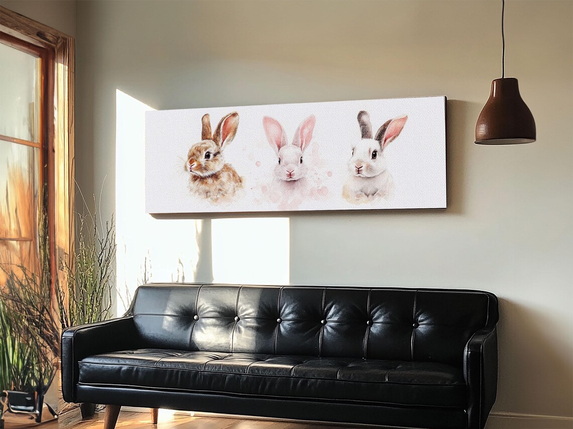 Trio Bunny Rabbits Watercolor Portrait Pink Gold Frame Panoramic Animal Poster - Image 3
