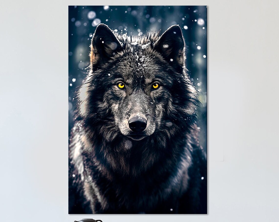 Black Wolf in Snowy Forest Art Print for Office