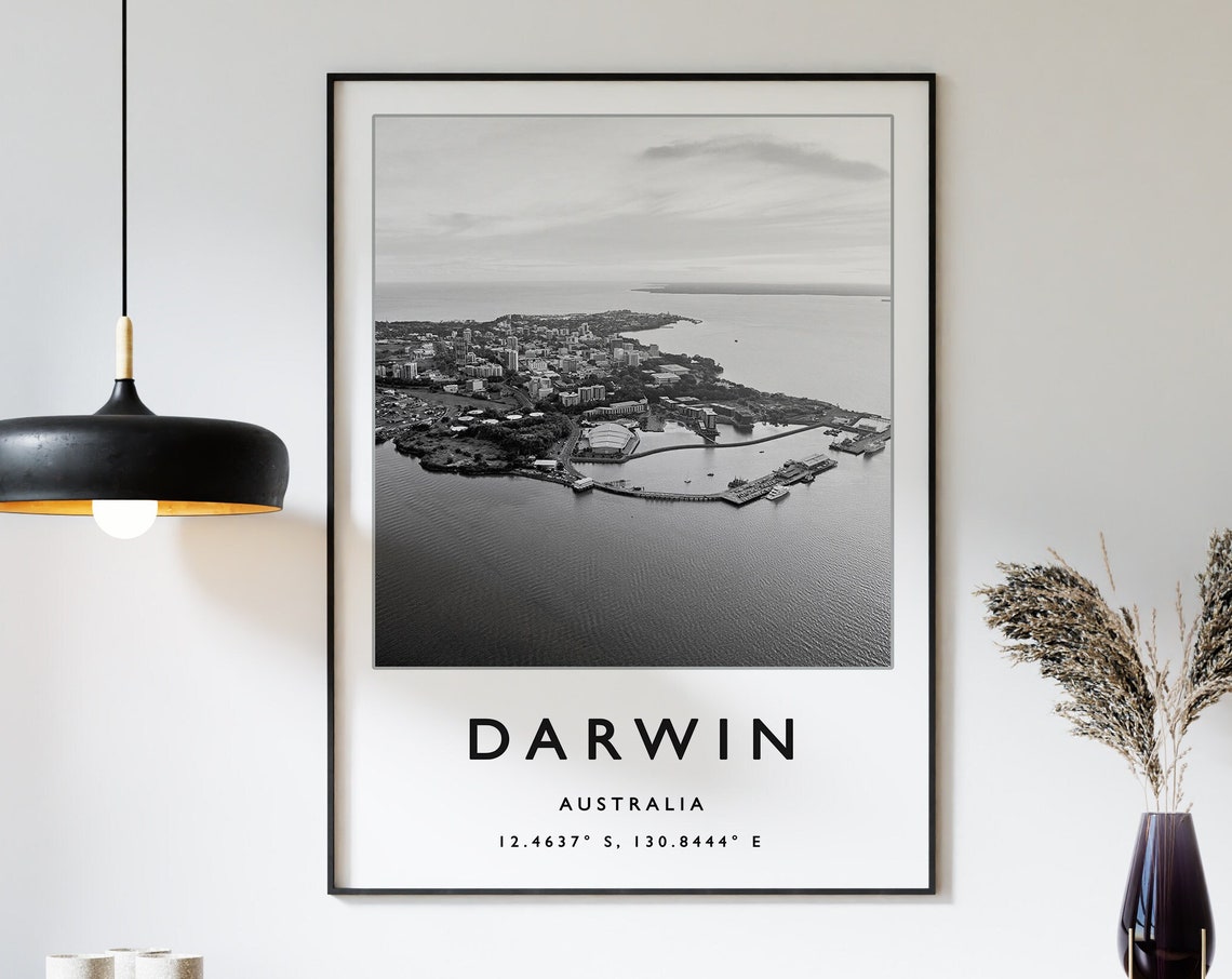 Darwin Australia Aerial Harbor Black White Coordinates Travel Poster
