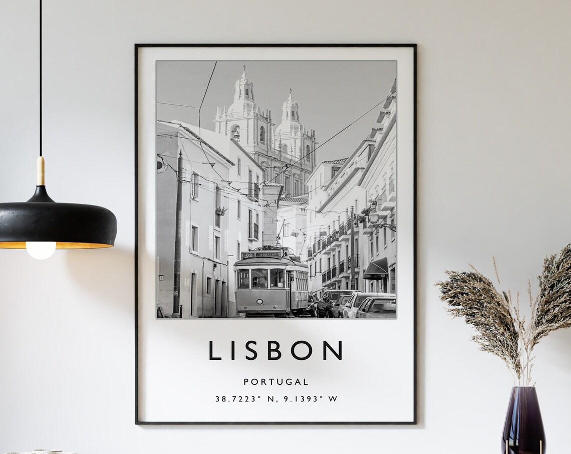 Lisbon Travel Poster, Portugal Black and White