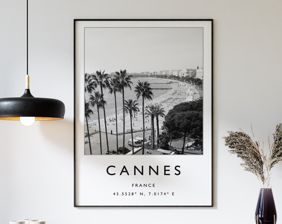 Cannes France Beach Palm Lined Promenade Black White Photo Poster