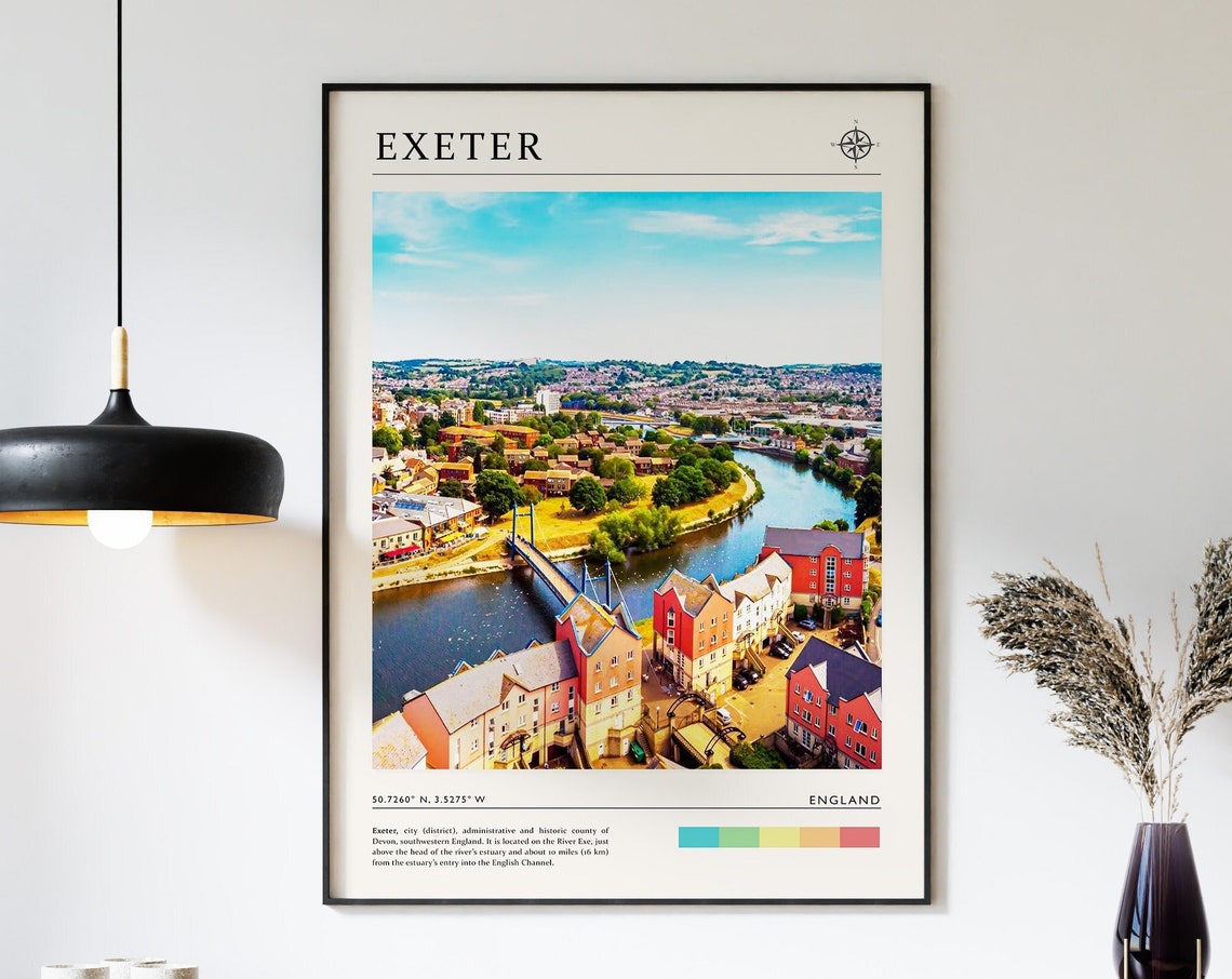 Exeter England Aerial River City Photo With Compass Coordinates Poster
