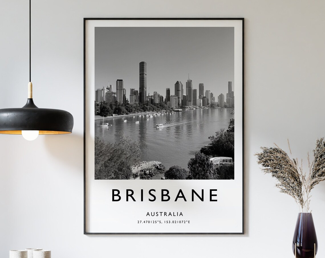 Brisbane Travel Poster, Australia Black and White