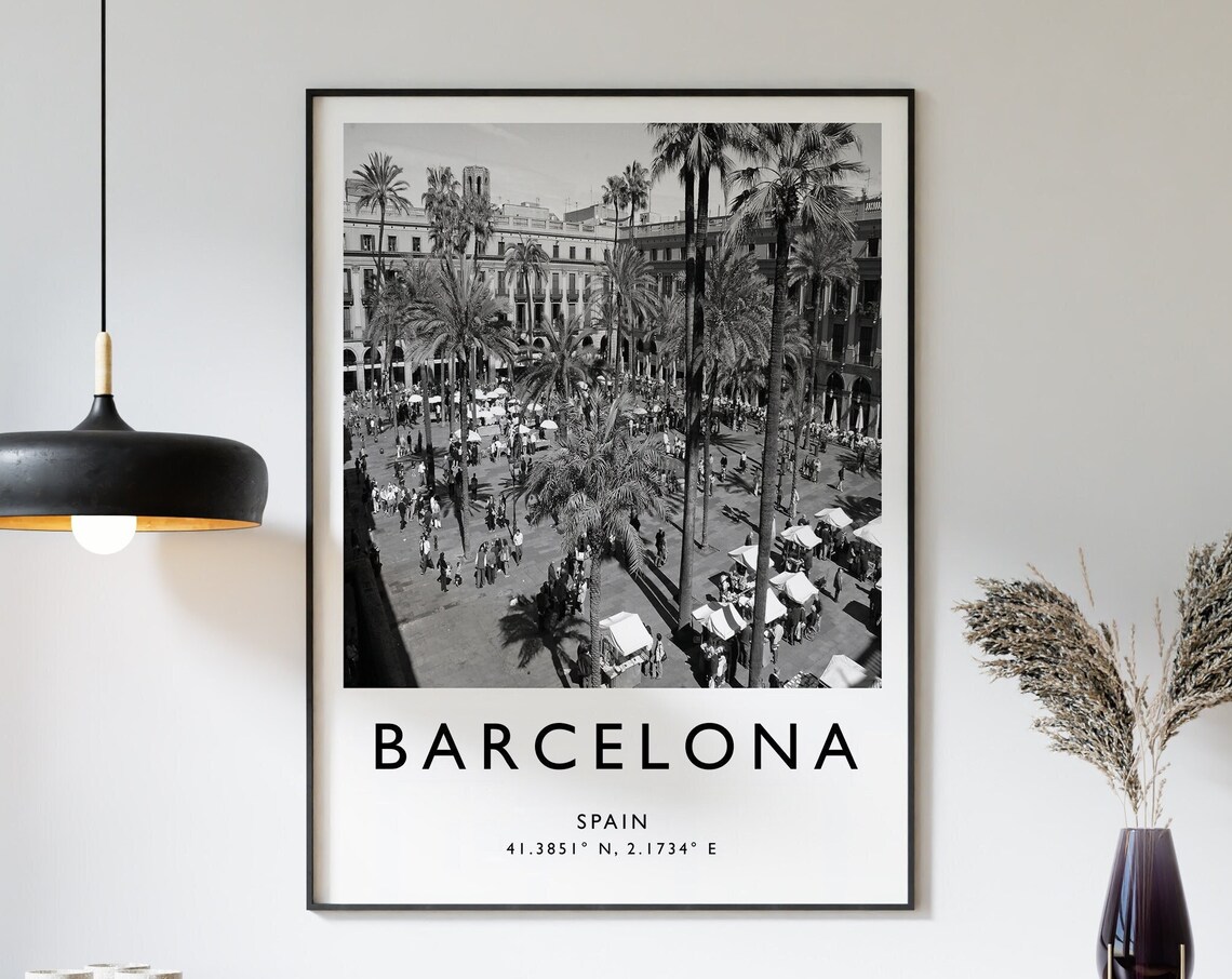 Barcelona Travel Poster, Black and White Travel Art