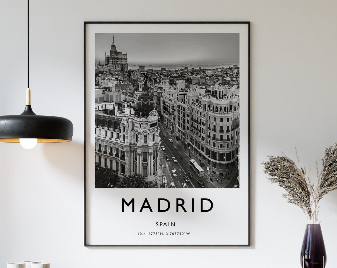 Madrid Travel Poster, Black and White Photo Print