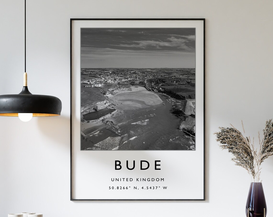 Bude United Kingdom Black And White Aerial Beach Photography Poster