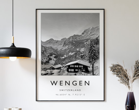 Wengen Switzerland Alpine Snow Village Black and White Photo Poster