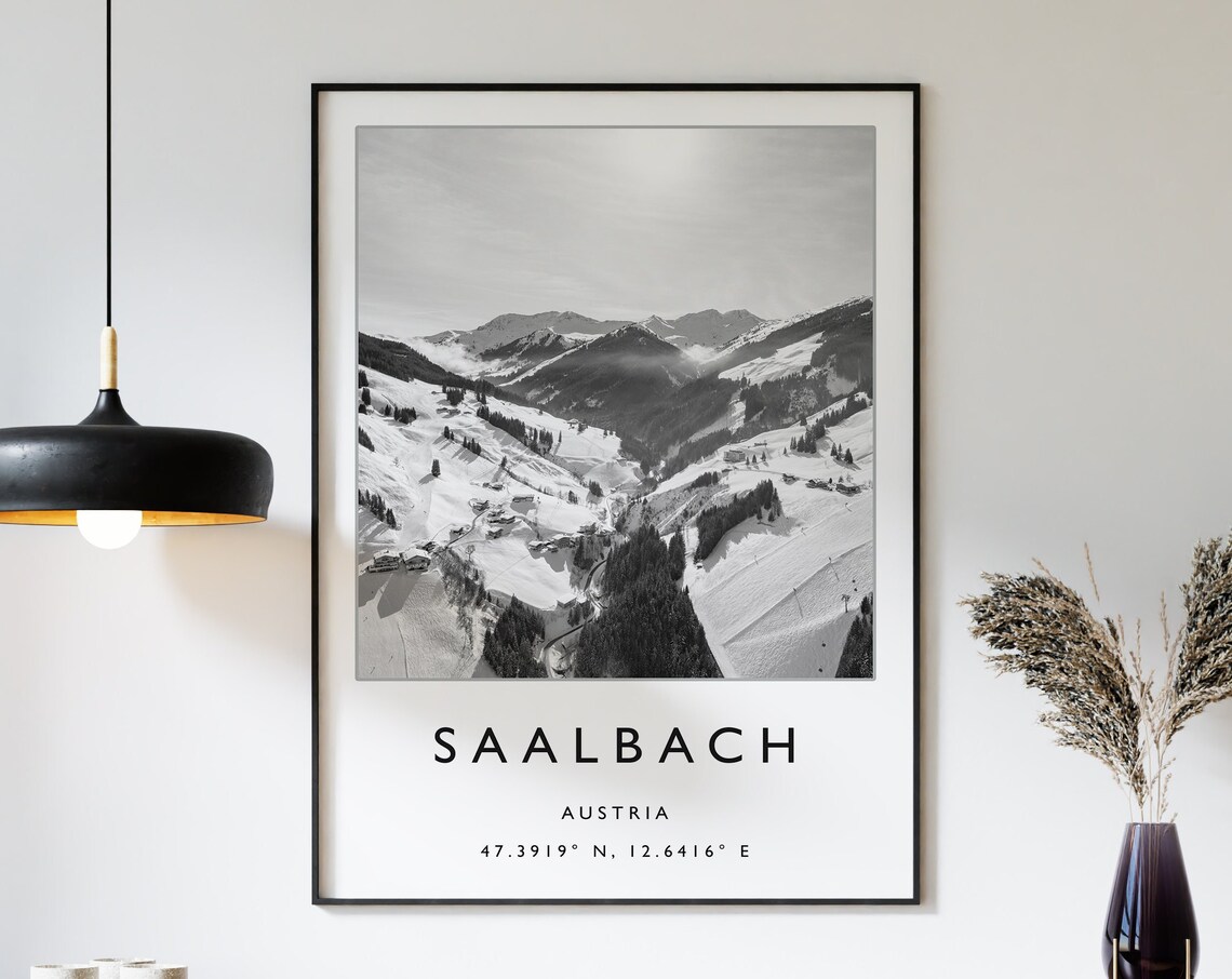 Saalbach Austria Skiing Travel Poster, Winter Sport Art