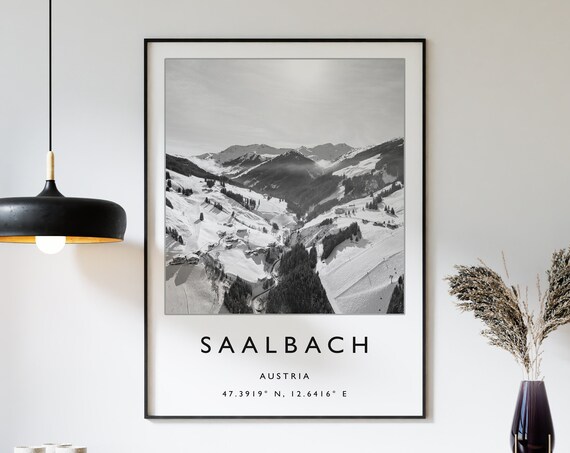 Saalbach Austria Skiing Travel Poster, Winter Sport Art