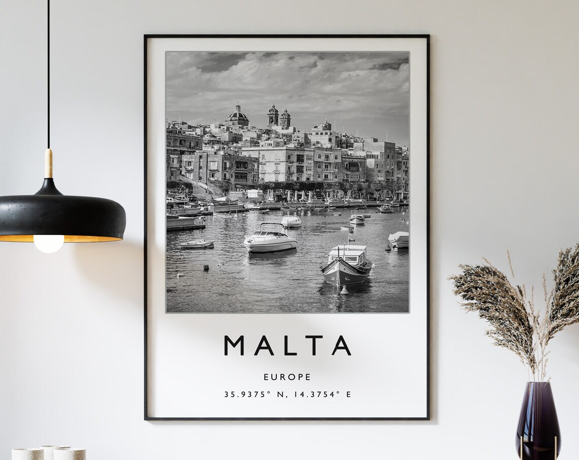 Malta Europe Black And White Harbor Photo With Coordinates Poster