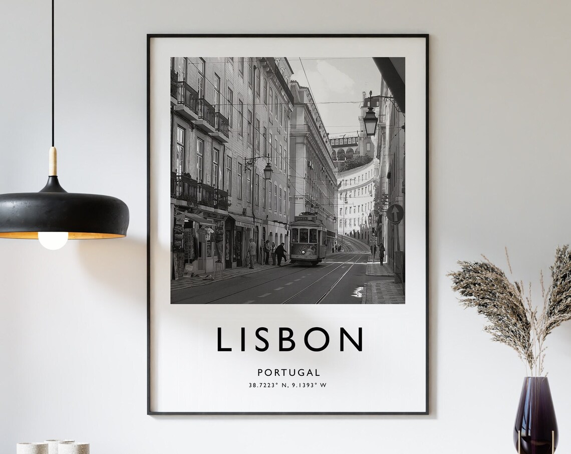 Lisbon Travel Poster, Black And White Travel Art