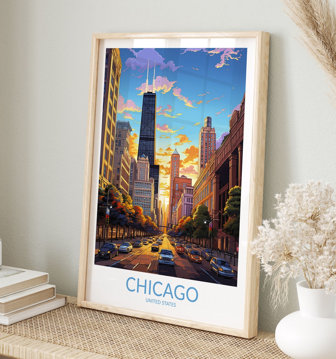 Chicago Illinois Willis Tower Sunset Skyline Street Scene Poster
