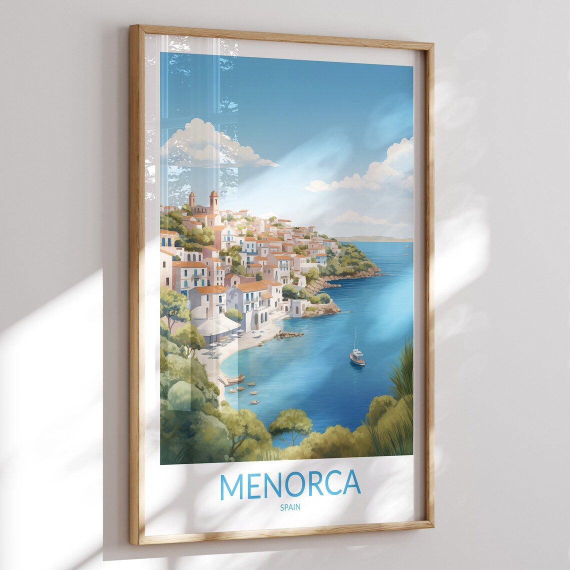 Menorca Spain Hillside Town Travel Poster with Sailboat on the Bay