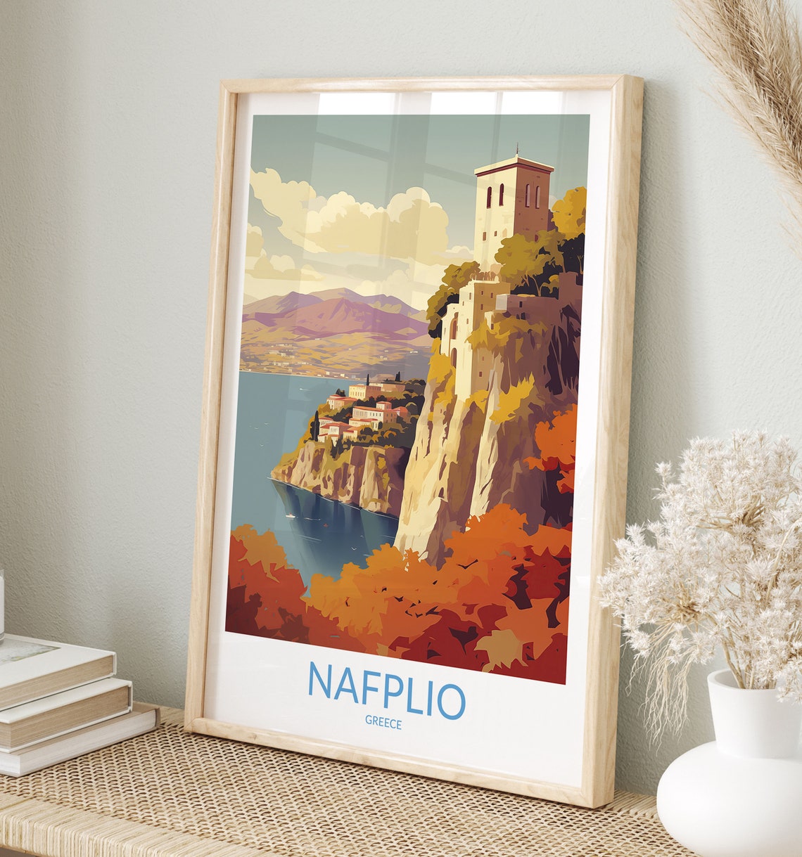Nafplio Greece Coastal Cliffs Stone Tower View Travel Poster