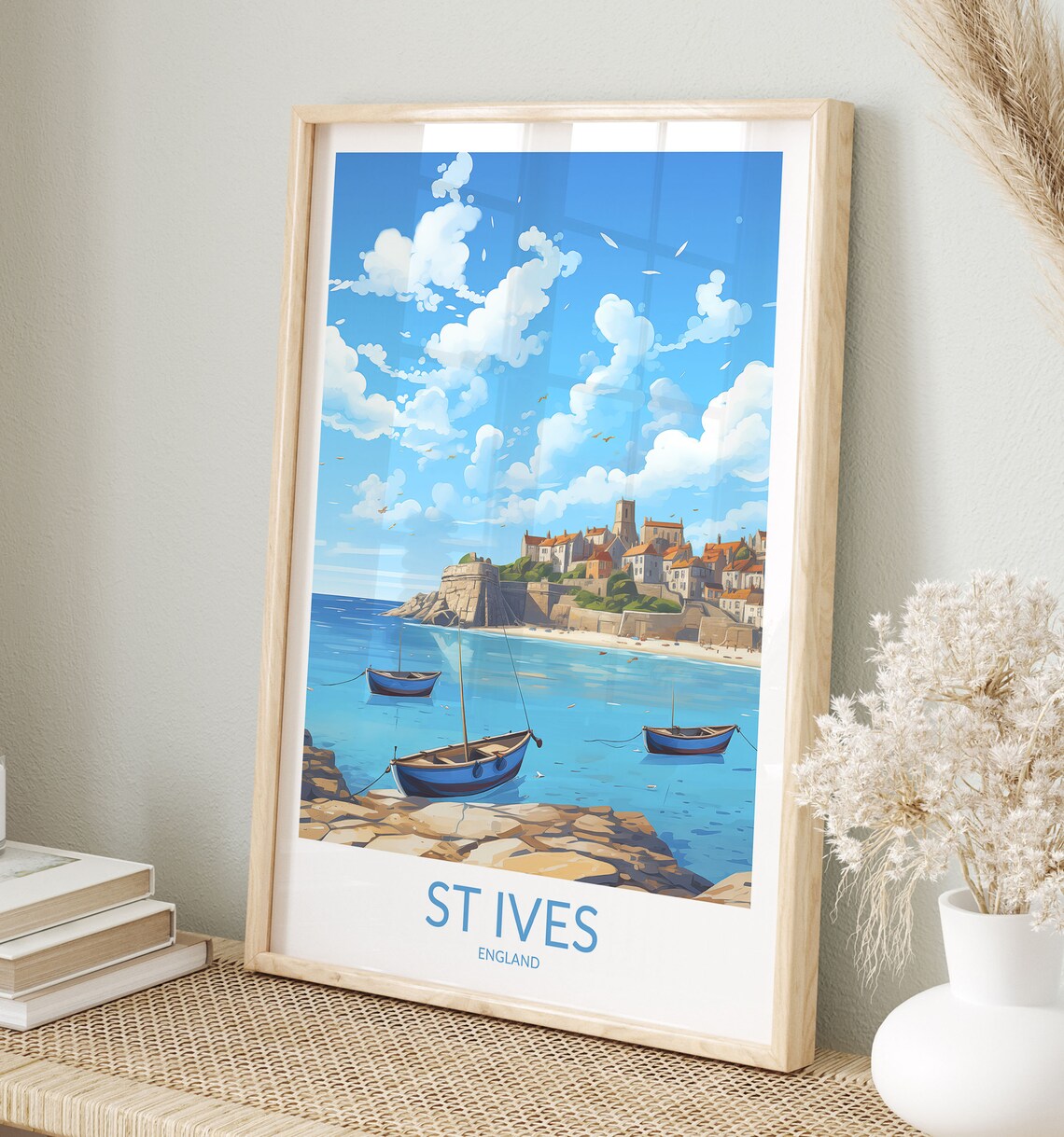 St Ives England Fishing Boats Rocky Shore Cliffs Retro Travel Poster