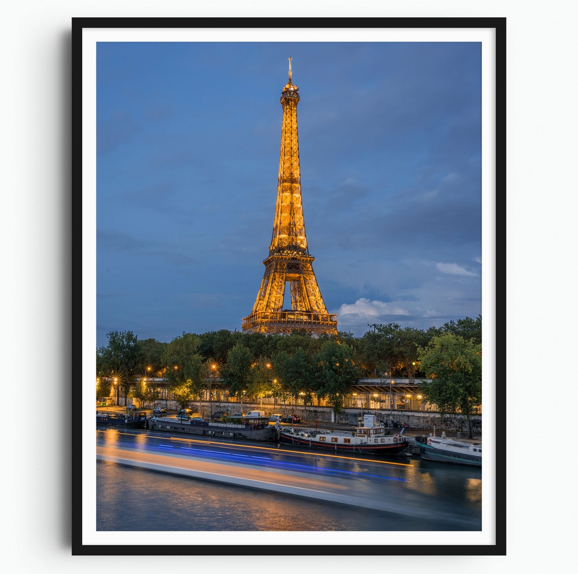 Eiffel Tower Paris Dusk Seine River Boats Evening Lights Poster