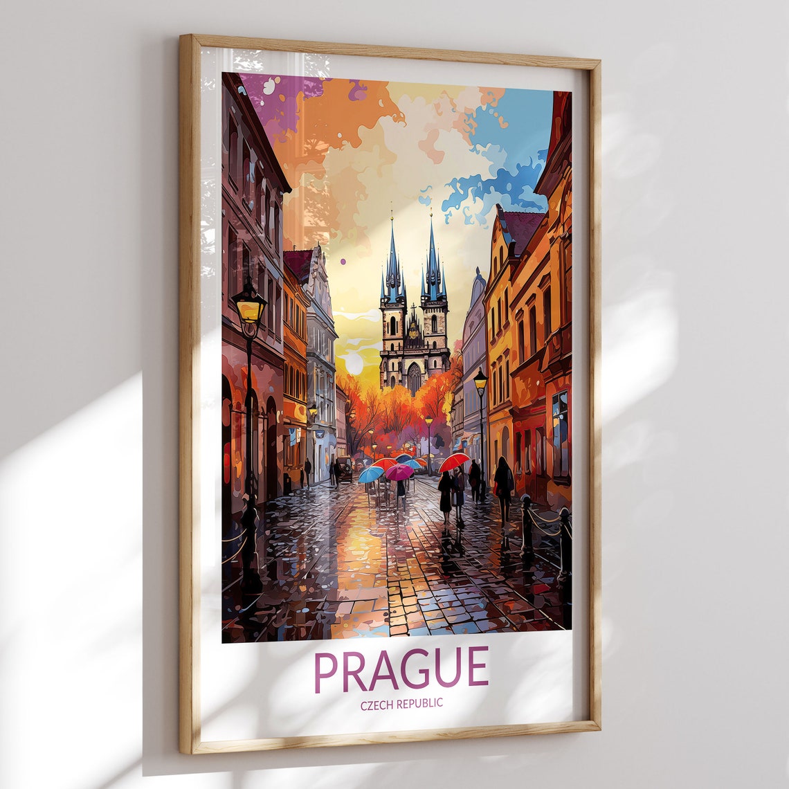 Prague Czech Republic Rainy Umbrella Street Sunset Glow Travel Poster