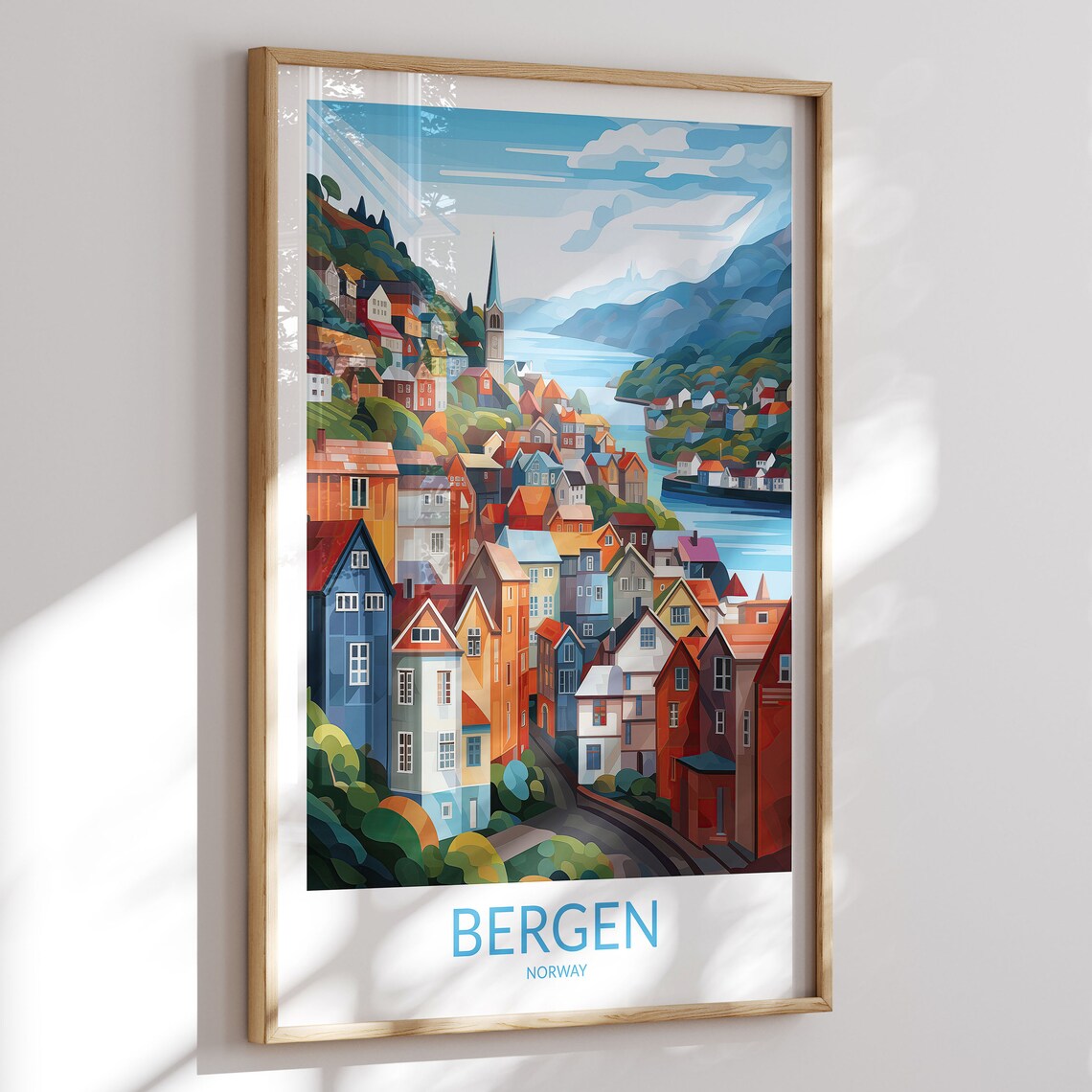 Colorful Bergen Norway Hillside Houses and Church Spire Town Poster