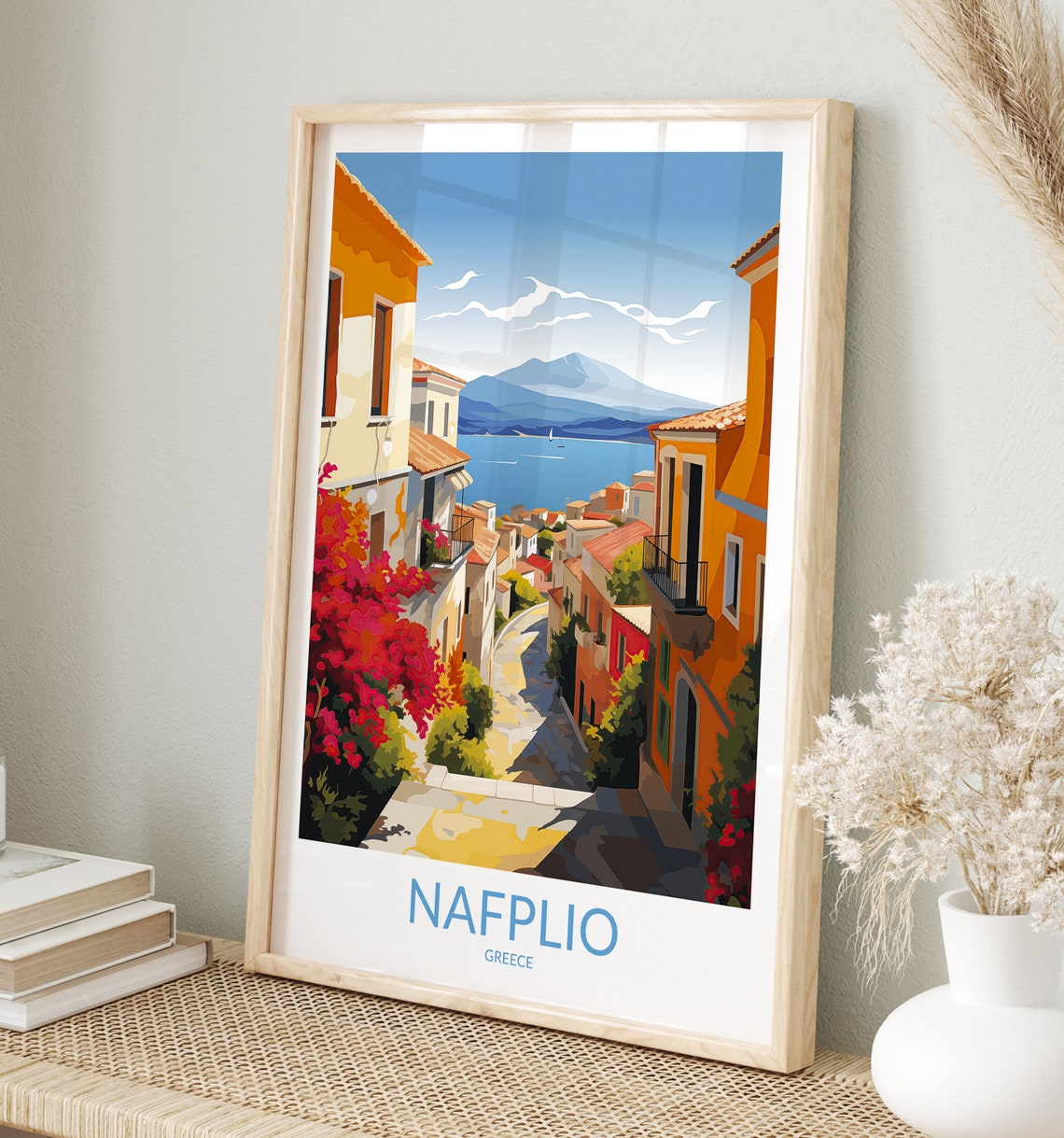 Nafplio Greece Flowered Alley Steps Sea View Retro Travel Poster