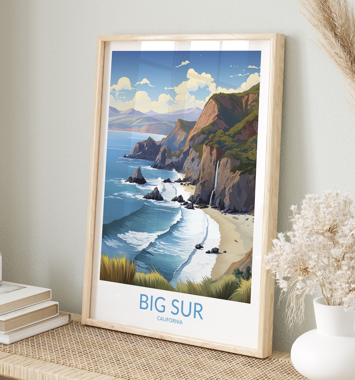 Big Sur California Waterfall Cliff Cove Beach Ocean View Poster