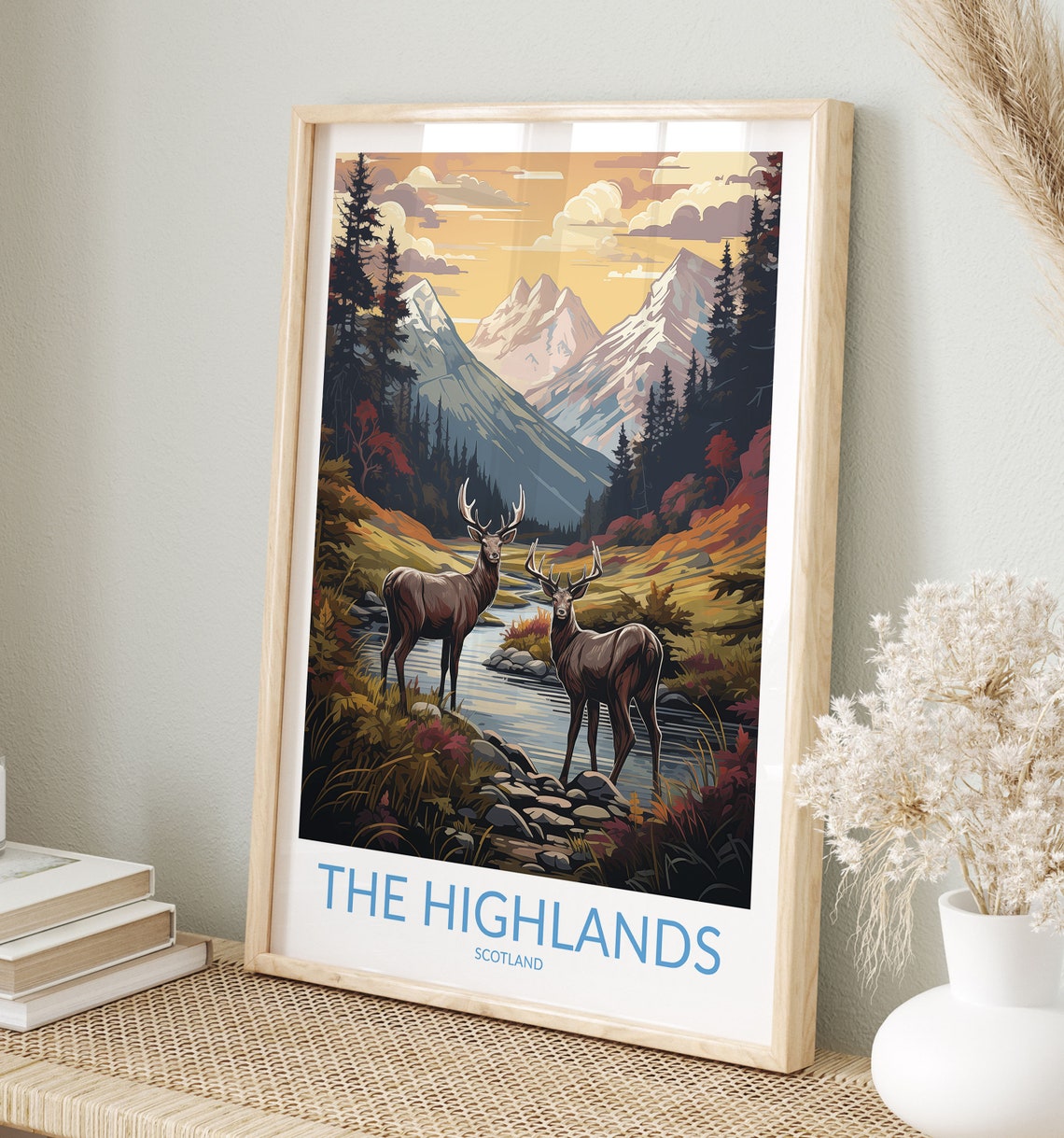The Highlands Scotland Red Deer Stags Mountain Valley Poster