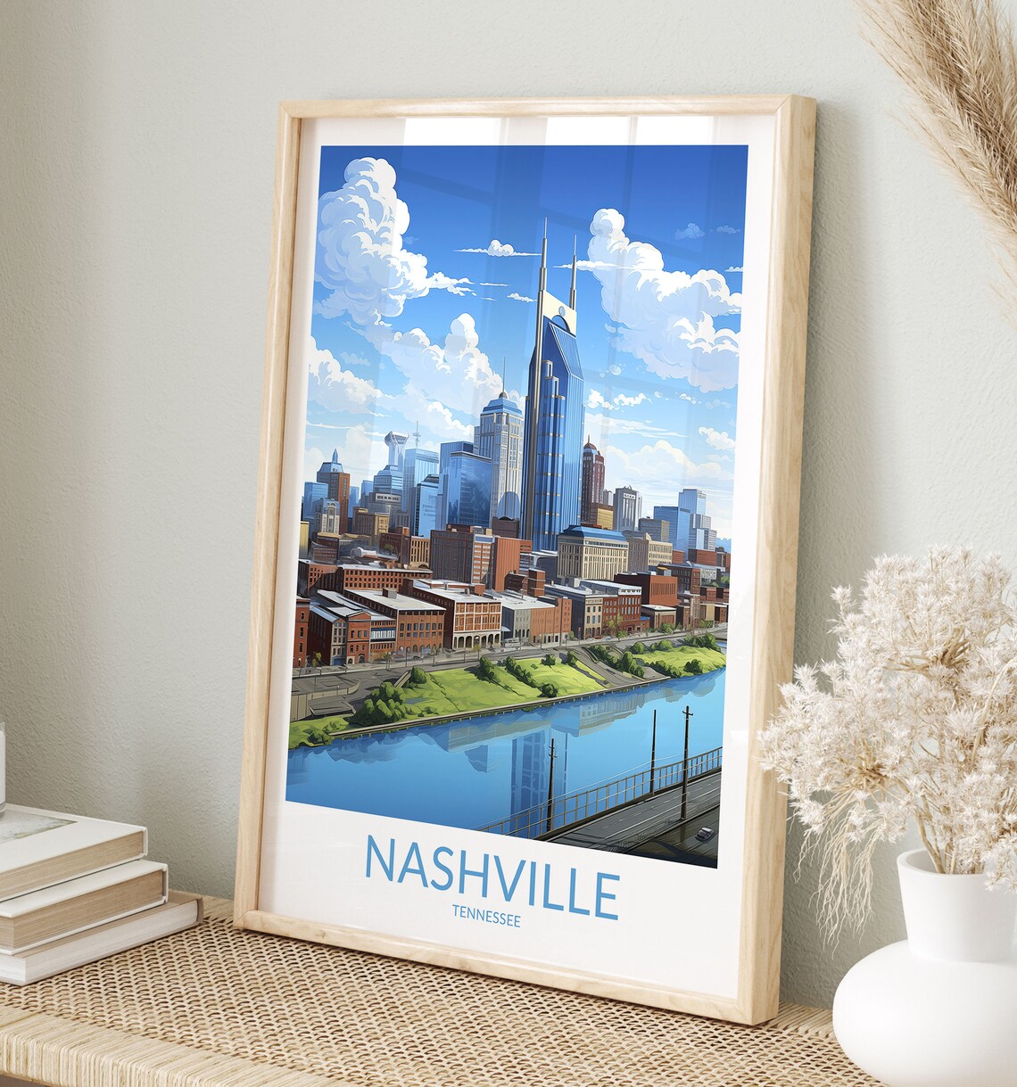 Nashville Tennessee Downtown Skyline and River Bridge Travel Poster