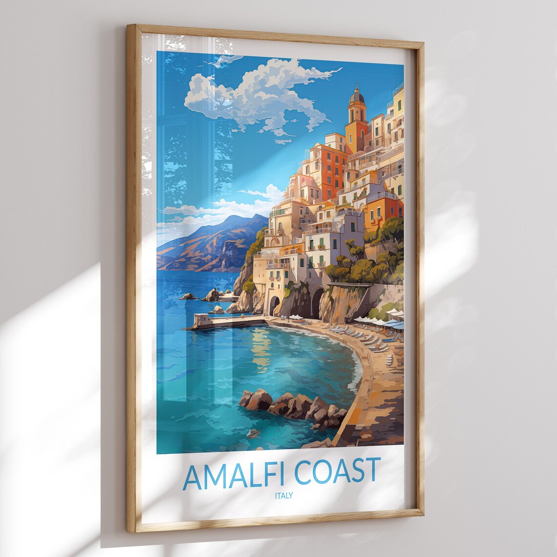 Amalfi Coast Italy Seaside Town Beach Pier Church Travel Poster