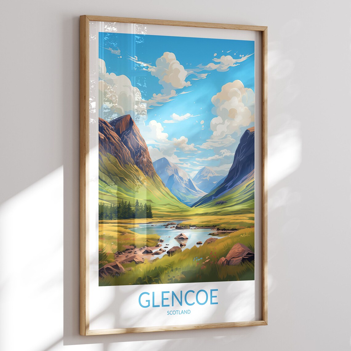 Glencoe Scotland Green Valley River Mountain Crags Blue Sky Poster