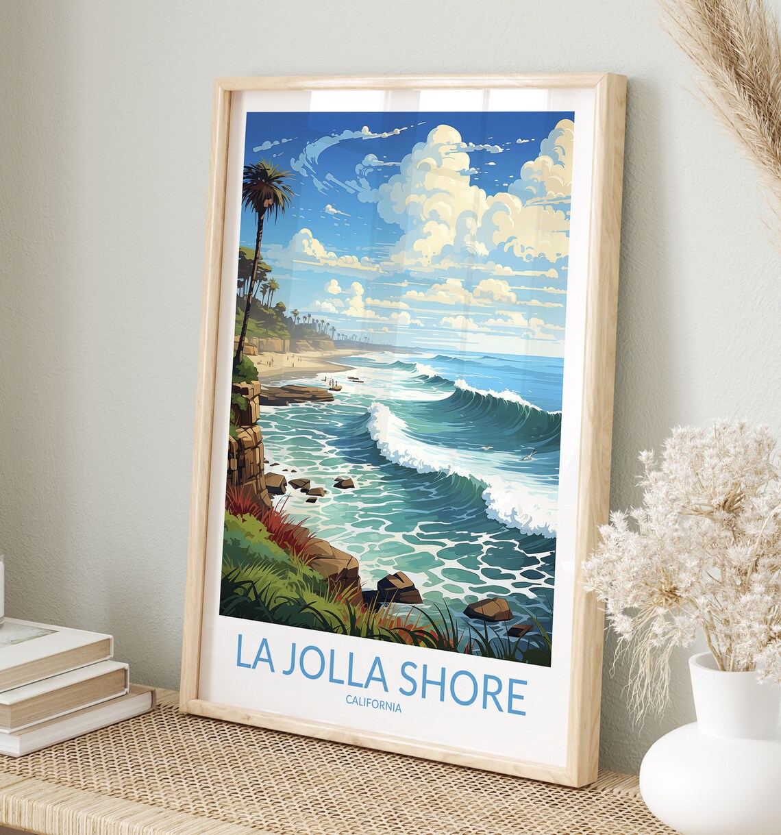 La Jolla Shore California Rocky Cliffs and Surf Vintage Travel Poster