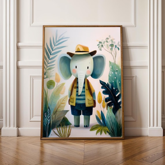 Elephant Explorer Vintage Gouache Painting Art Print Teal Navy Decor Nursery Wall