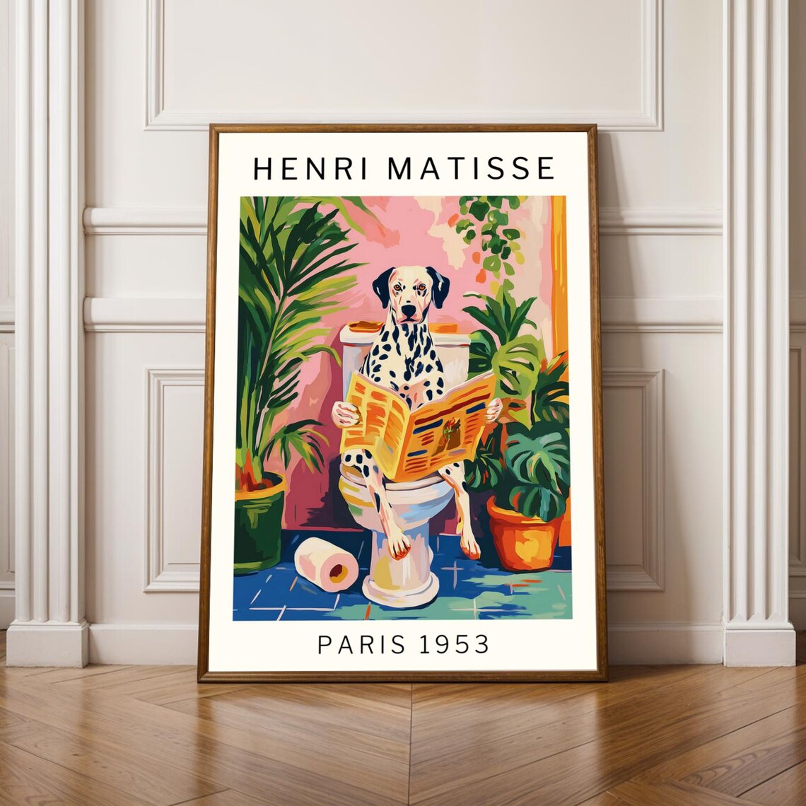 Quirky Dalmatian Bathroom Poster, Matisse-Inspired Art Print