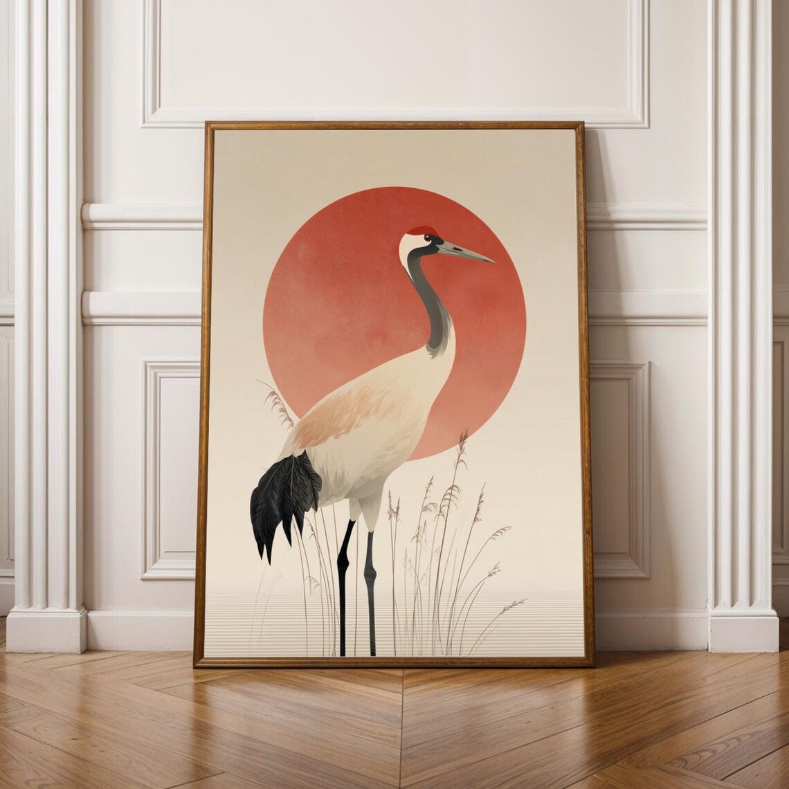 Japanese Red Crowned Crane Minimalist Red Sun Zen Decor Poster