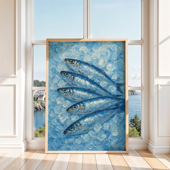 Sardine Poster Mediterranean Fish Art Fisherman Kitchen Decor Textured Oil Painting Print