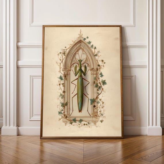 Vintage Praying Mantis Print Insect Wall Art Dark Academia Gothic Decor Entomology Poster Halloween Creepy Cute Bug