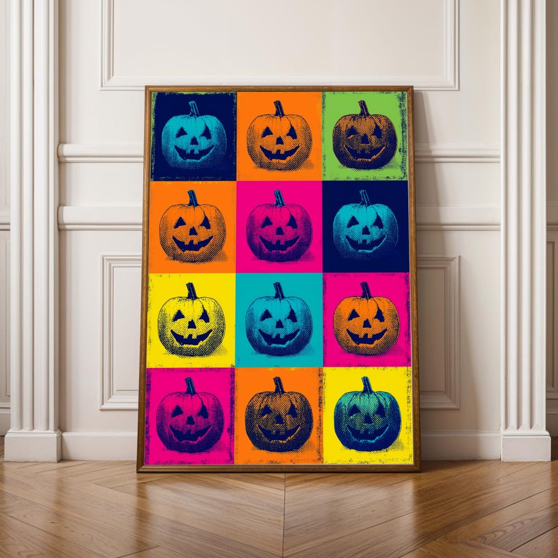 Halloween Pumpkin Pop Art Colorful Jack O Lantern Grid Poster