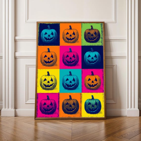 Halloween Pumpkin Pop Art Poster Colourful Jack O Lantern Wall Retro Orange Teal Decor Contemporary Fall Living Room Print