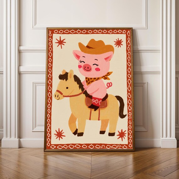 Joyful Cowboy Piglet In Cowboy Hat Riding Tan Horse Nursery Poster