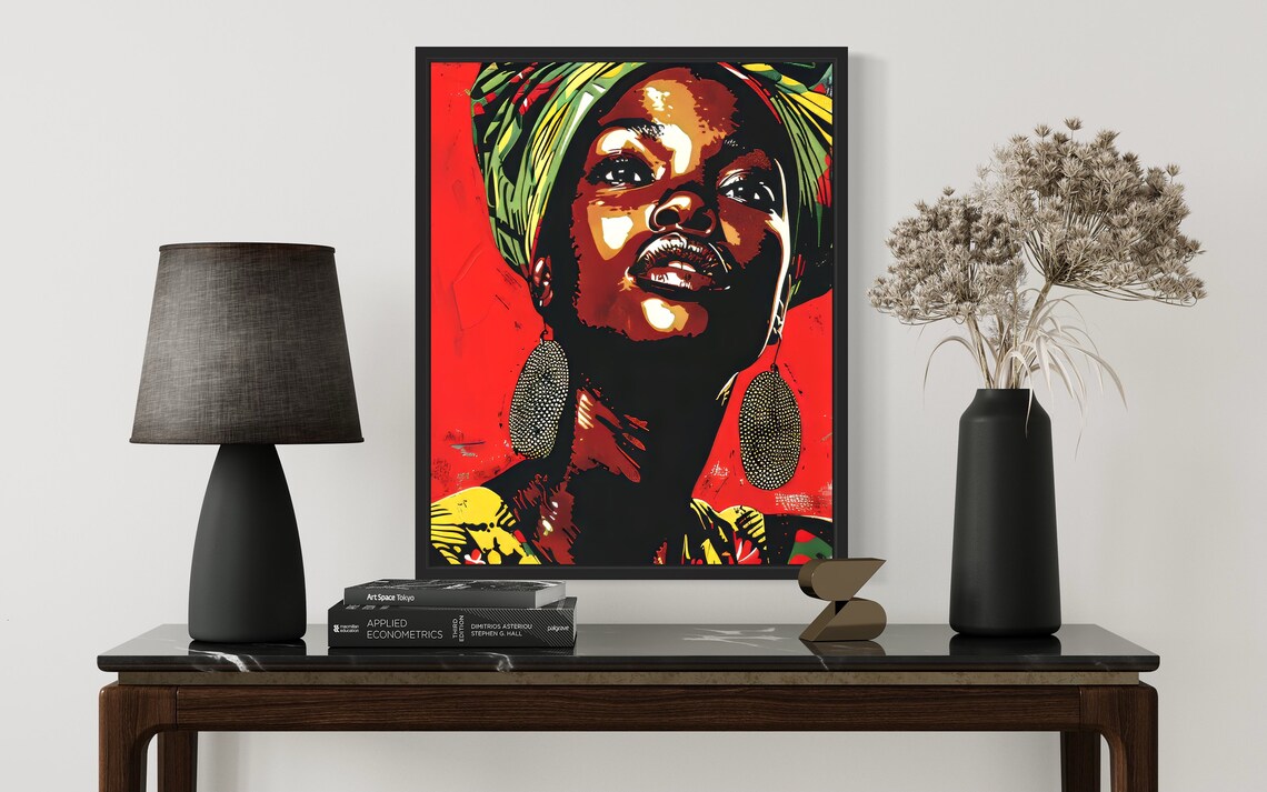 African Woman In Colorful Headwrap Against Red Pop Art Poster - Image 2