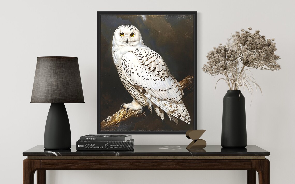 Vintage Snowy Owl Perched On Branch Night Wildlife Art Poster - Image 3