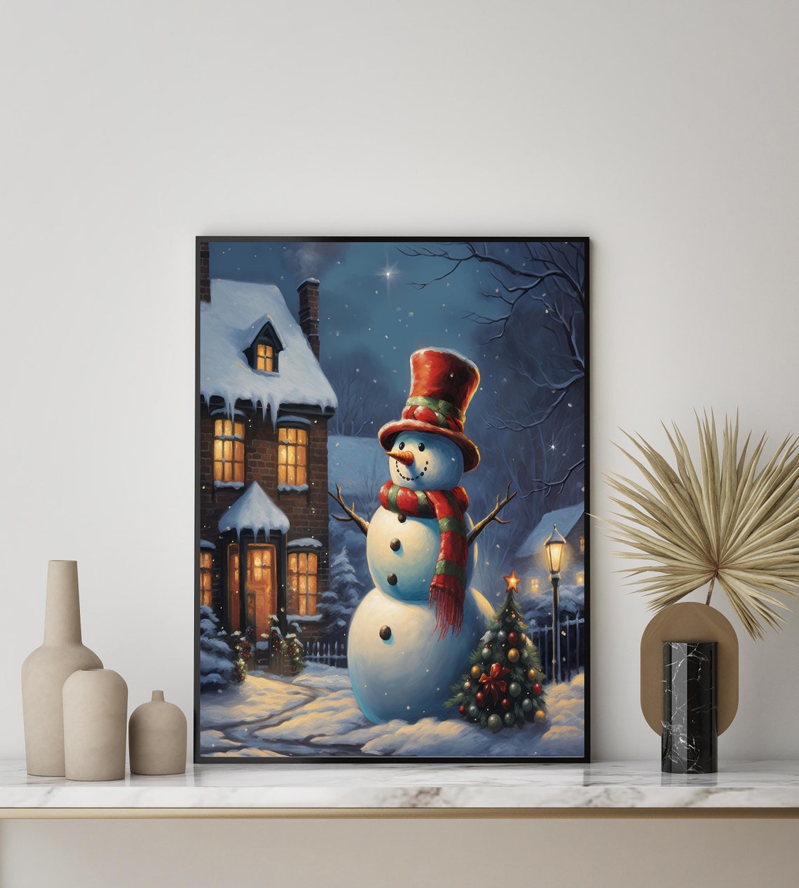 Smiling Snowman with Red Top Hat by Lit Cottage Christmas Poster - Image 3